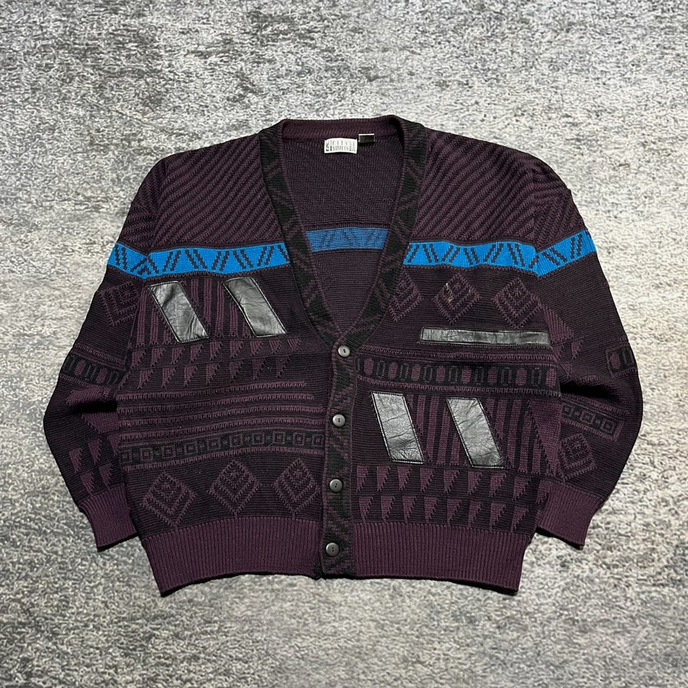 Vintage‎ City Streets Sweater Cardigan Mens XL Purple Blue Geometric Grandpa 90s